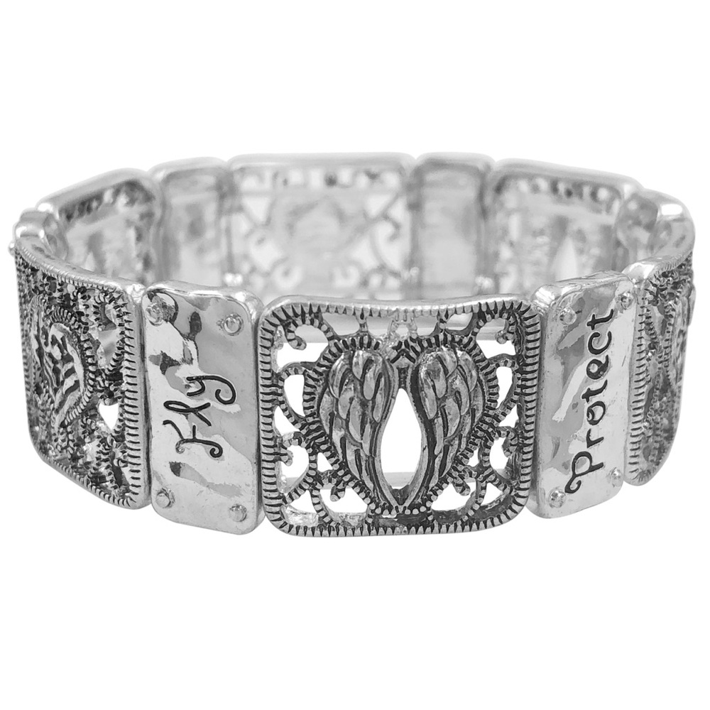 Angel Wing Heart Worded Filigree Silver Tone Panel Stretch Bracelet